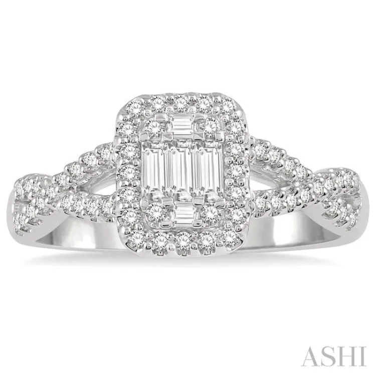 1 Ctw Entwined Shank Baguette & Round Cut Fusion Diamond Ring in 14K White Gold