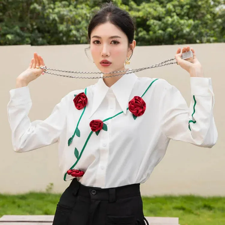 3D Blossom Flower Decor Lapel Long Sleeve Shirt