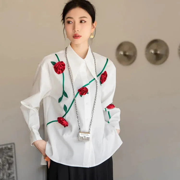 3D Blossom Flower Decor Lapel Long Sleeve Shirt