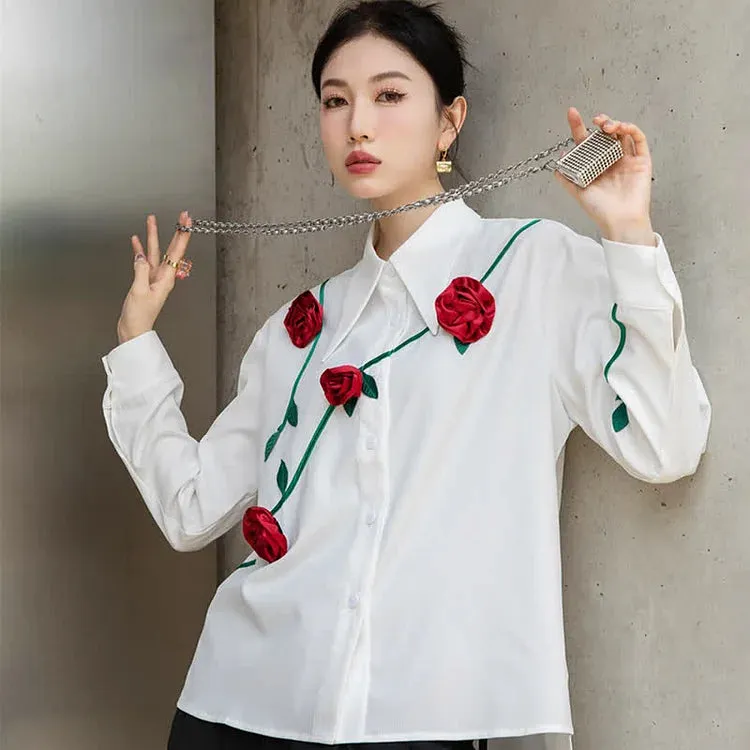 3D Blossom Flower Decor Lapel Long Sleeve Shirt