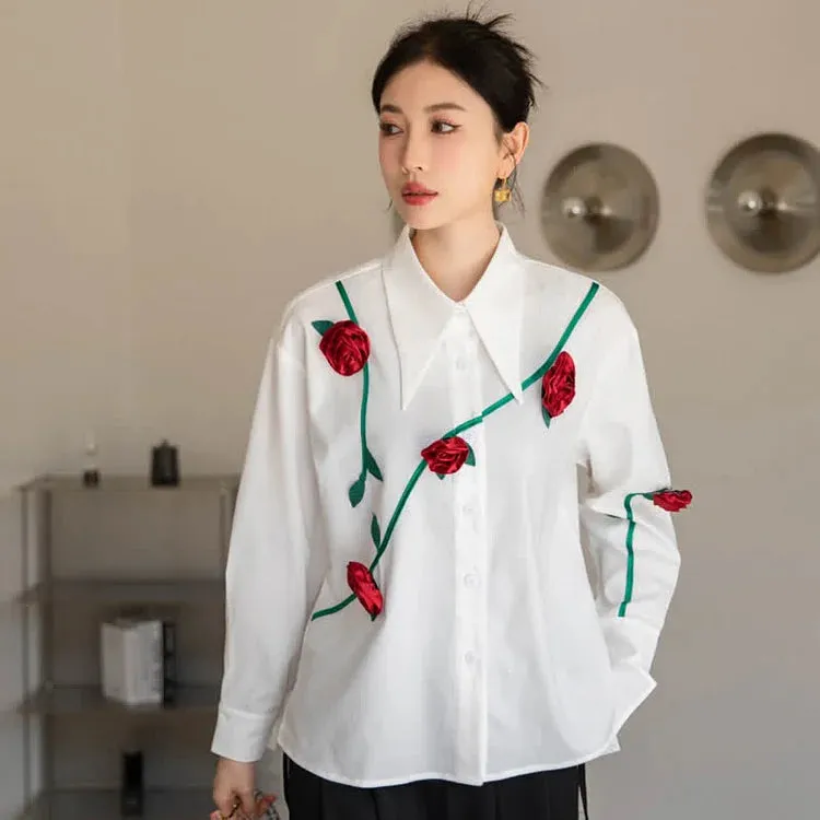 3D Blossom Flower Decor Lapel Long Sleeve Shirt