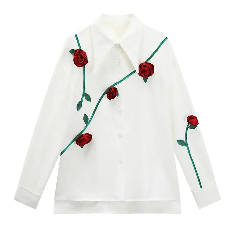 3D Blossom Flower Decor Lapel Long Sleeve Shirt