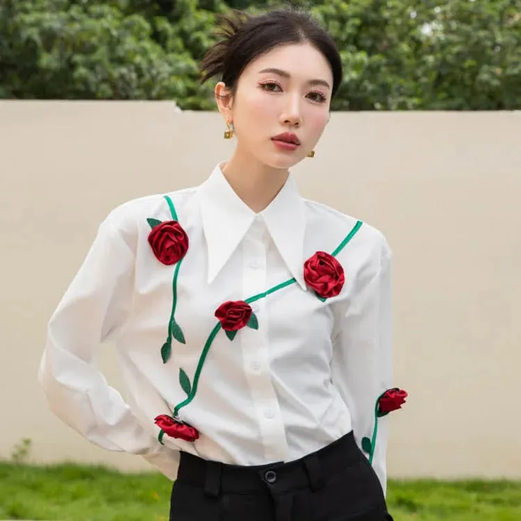 3D Blossom Flower Decor Lapel Long Sleeve Shirt