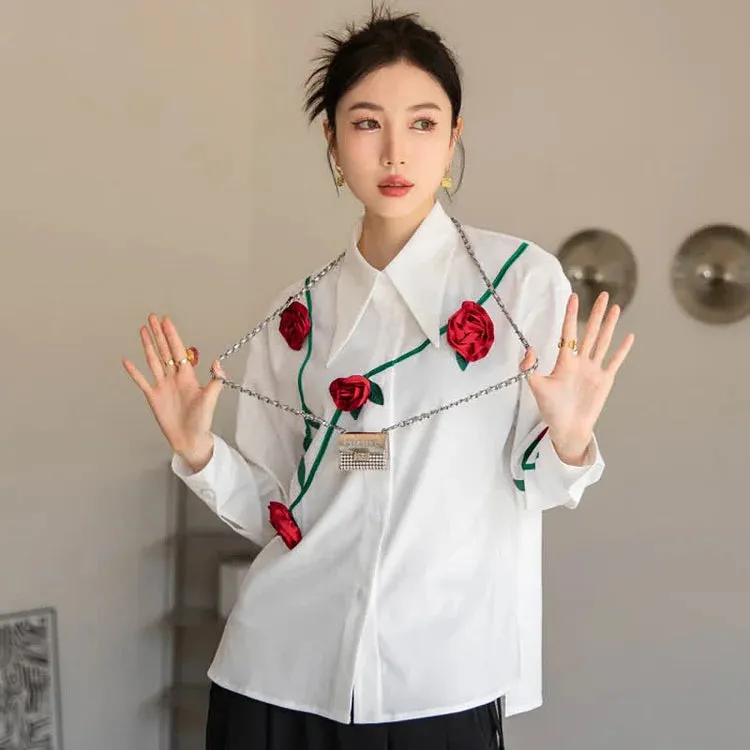 3D Blossom Flower Decor Lapel Long Sleeve Shirt