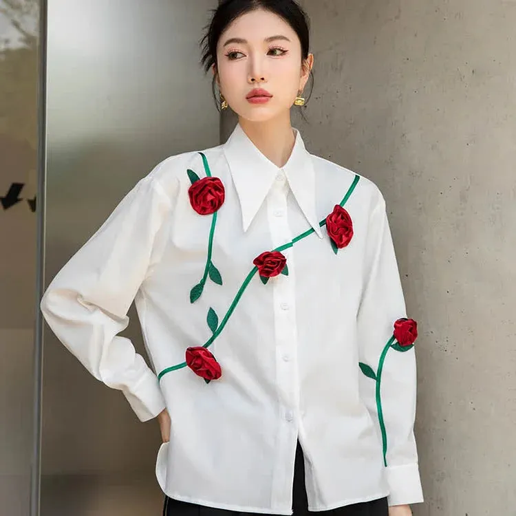 3D Blossom Flower Decor Lapel Long Sleeve Shirt