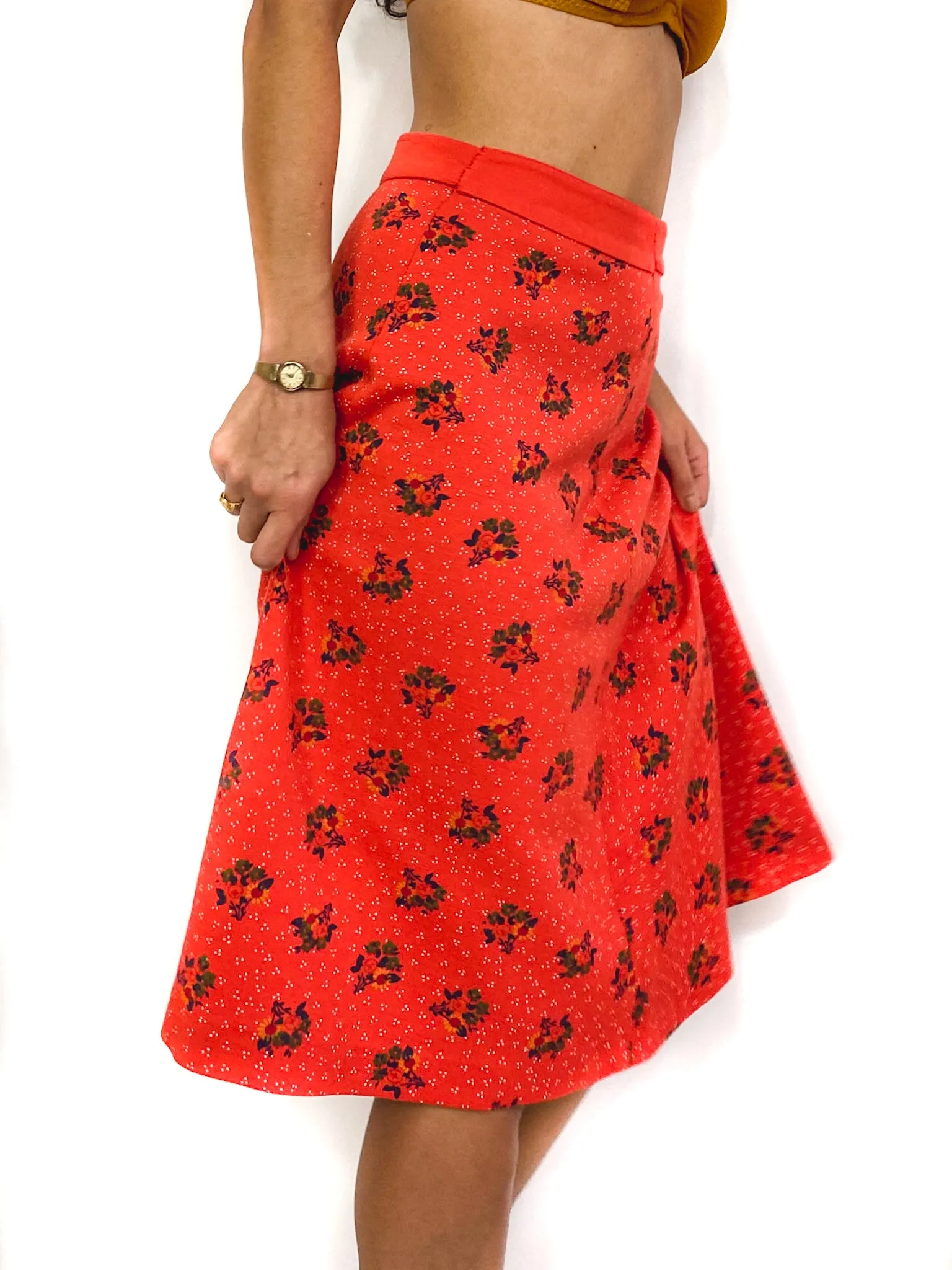 60s/70s vintage midi-length skirt, retro print