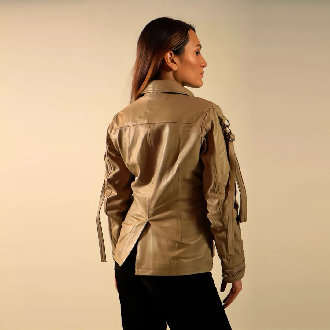 90 Feet Asha Loop Beige Leather Blazer Jacket for Women