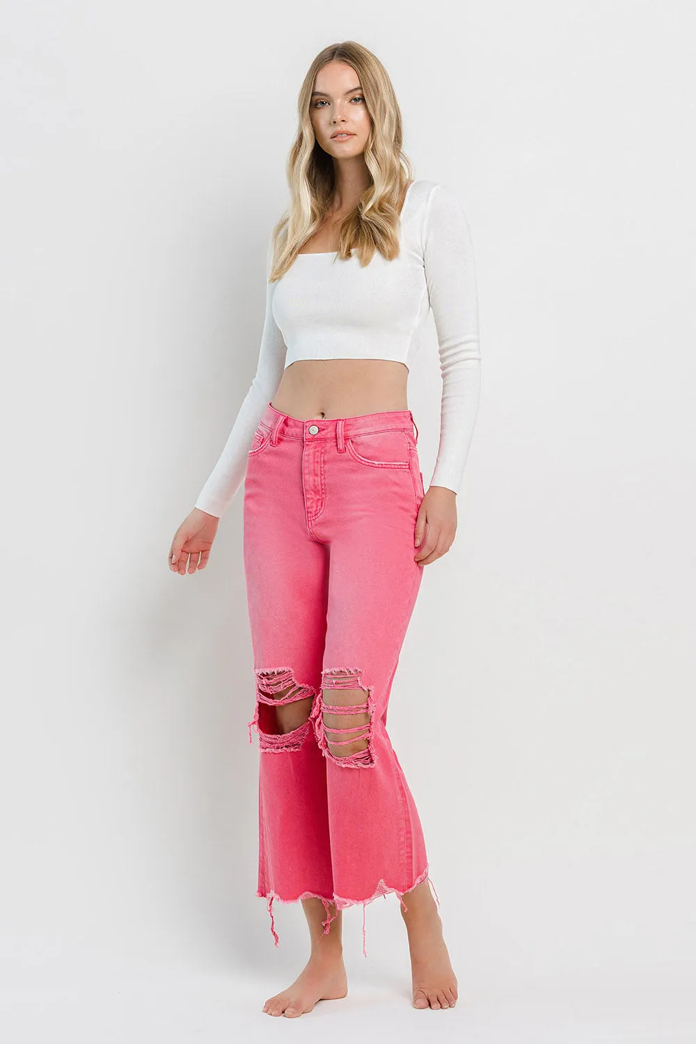 90s Vintage Super High Rise Crop Flare Jeans in Hot Pink