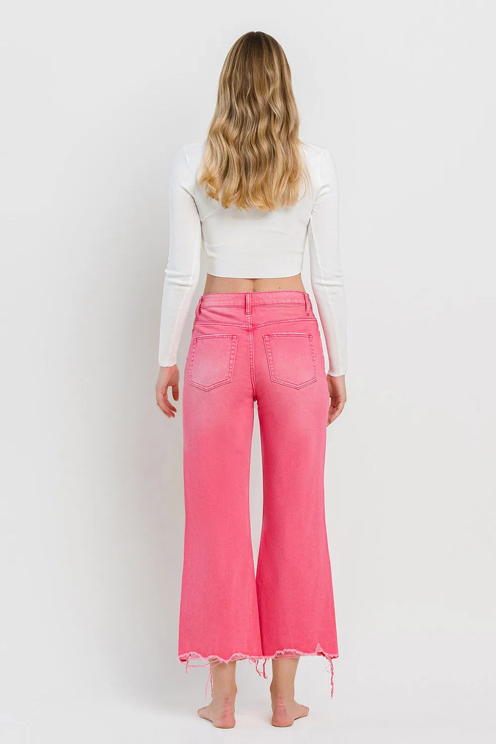 90s Vintage Super High Rise Crop Flare Jeans in Hot Pink