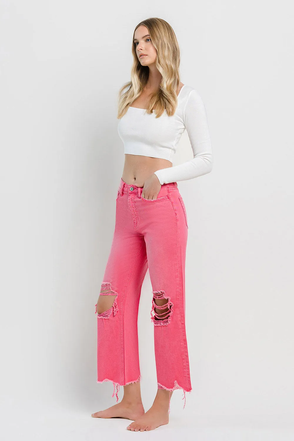 90s Vintage Super High Rise Crop Flare Jeans in Hot Pink