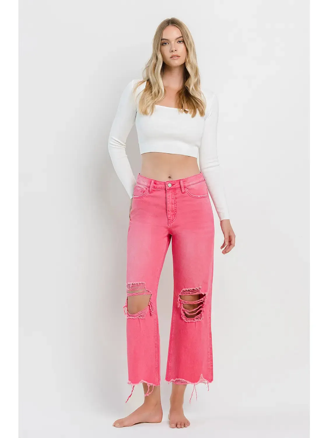 90s Vintage Super High Rise Crop Flare Jeans in Hot Pink