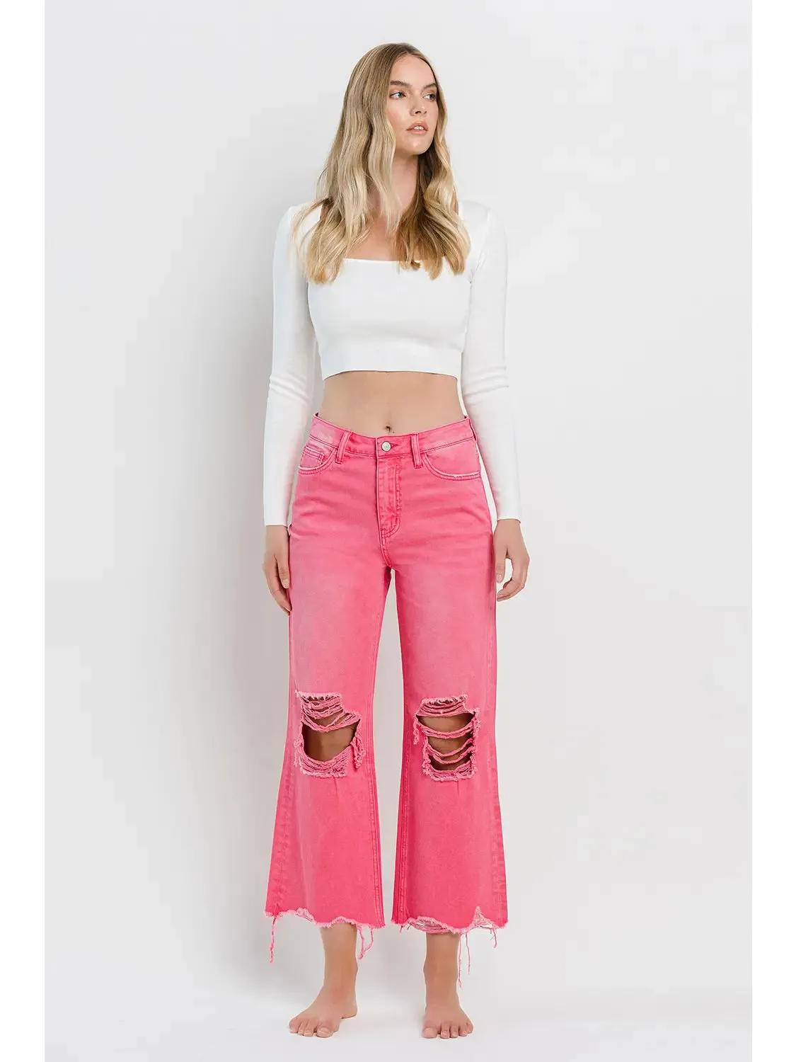 90s Vintage Super High Rise Crop Flare Jeans in Hot Pink