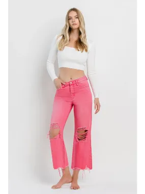 90s Vintage Super High Rise Crop Flare Jeans in Hot Pink