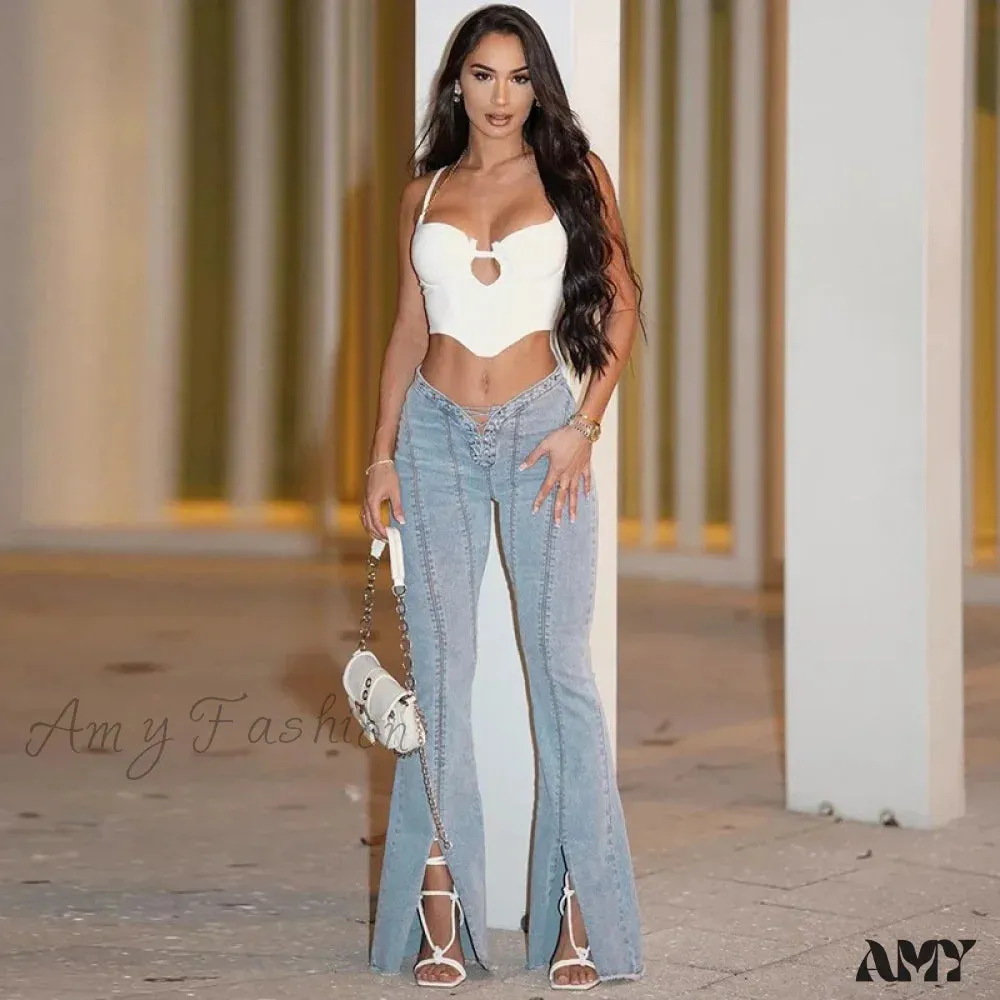 Amy Fashion - Bandage Skinny Flared High Waist Open Split Vintage Bottoms 2024 Autumn Fashion Y2K Streetwear Jean