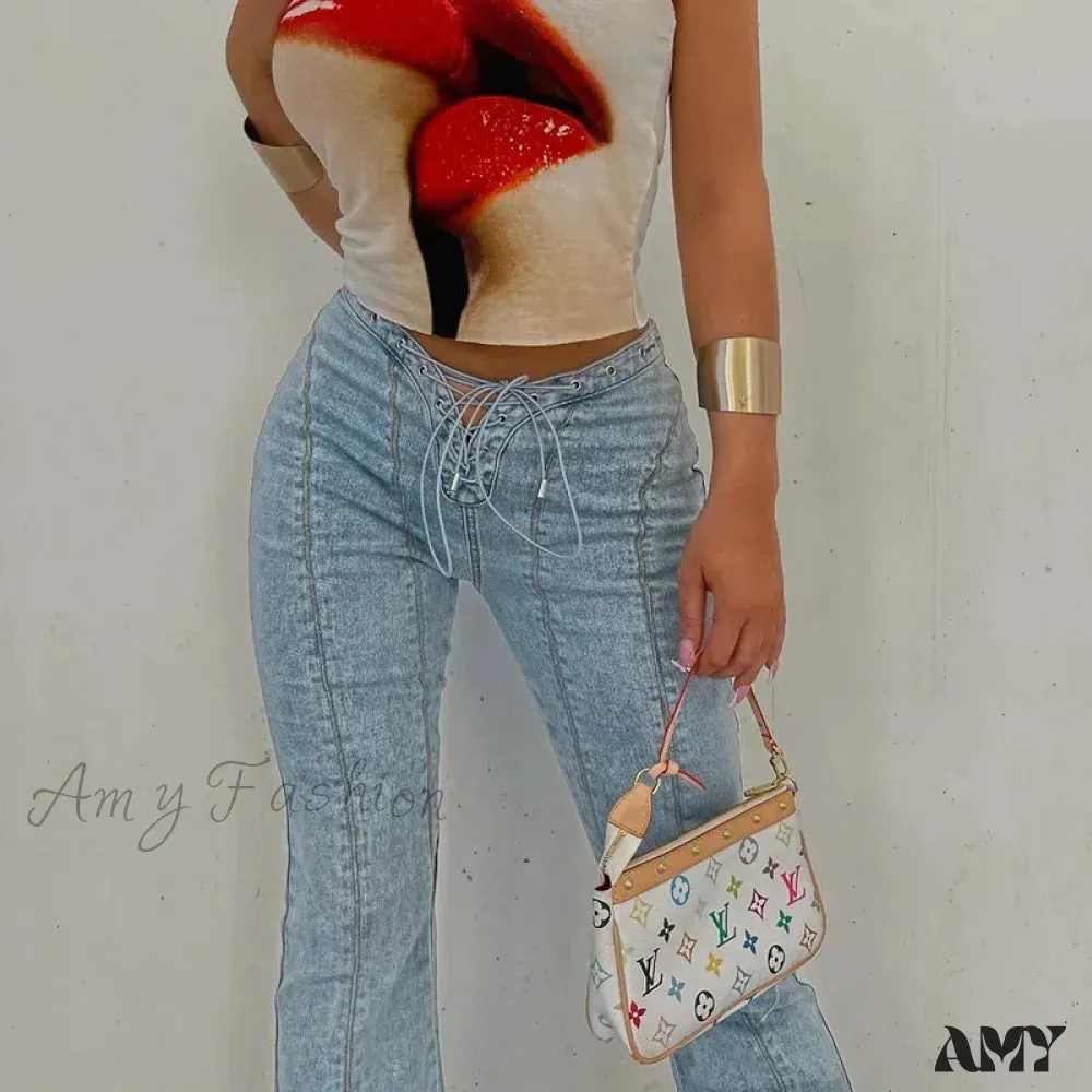 Amy Fashion - Bandage Skinny Flared High Waist Open Split Vintage Bottoms 2024 Autumn Fashion Y2K Streetwear Jean