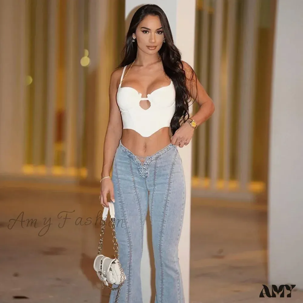 Amy Fashion - Bandage Skinny Flared High Waist Open Split Vintage Bottoms 2024 Autumn Fashion Y2K Streetwear Jean