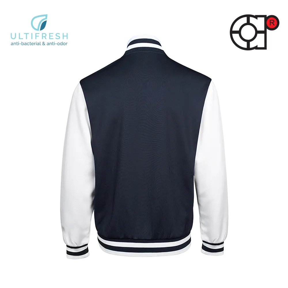 ARORA UNISEX VARSITY JACKET (WHITE/NAVY BLUE)