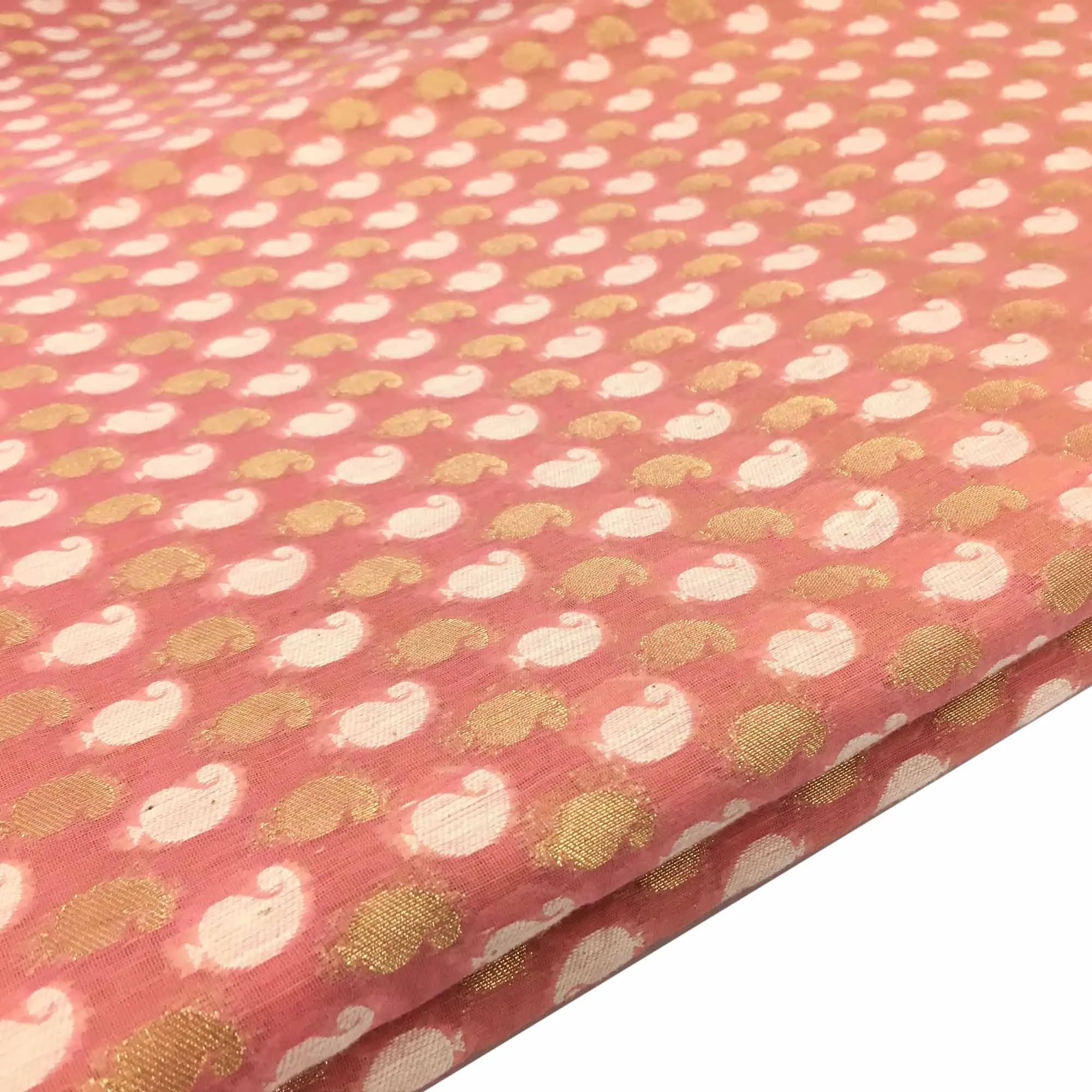 Baby Pink and Gold Chanderi Silk Fabric