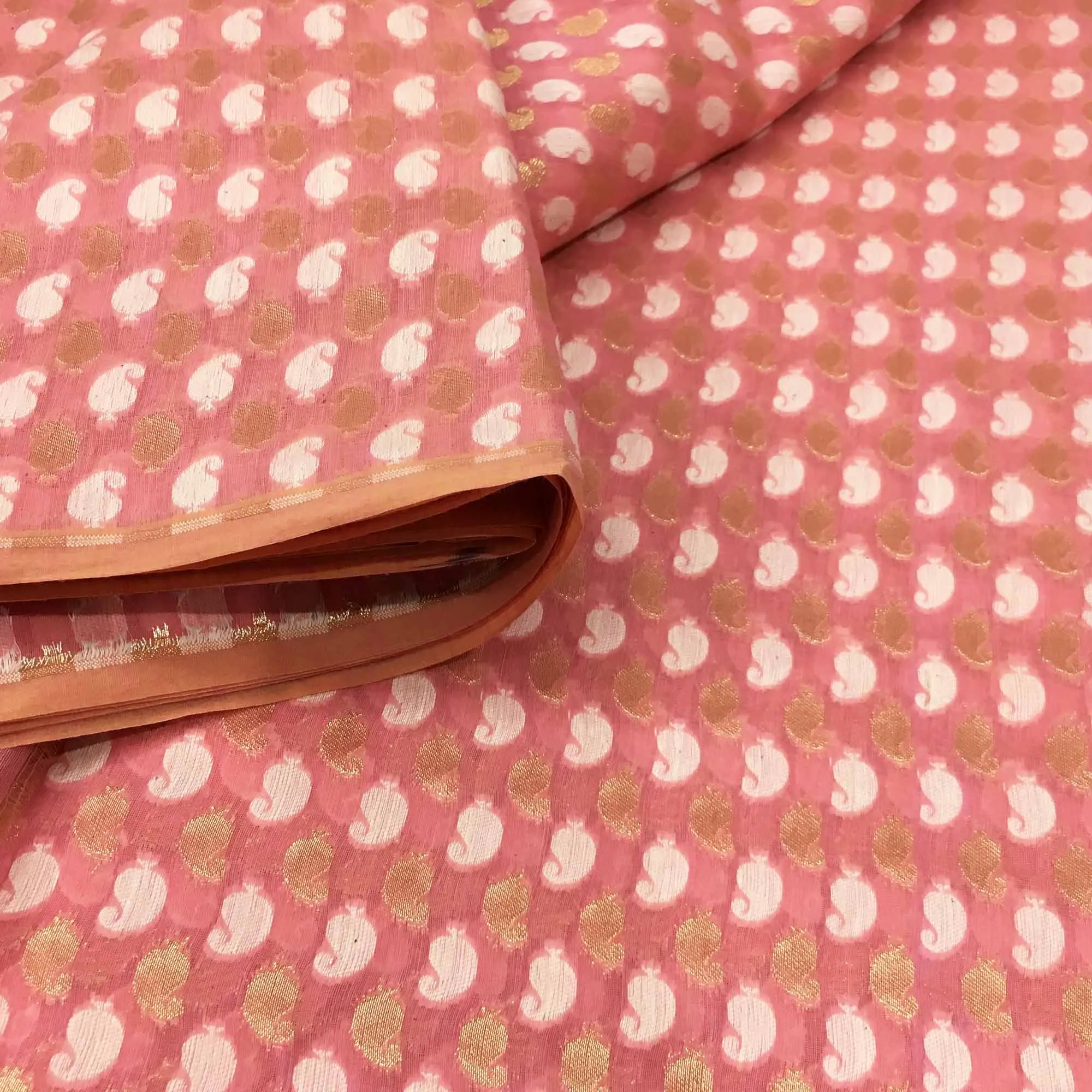 Baby Pink and Gold Chanderi Silk Fabric