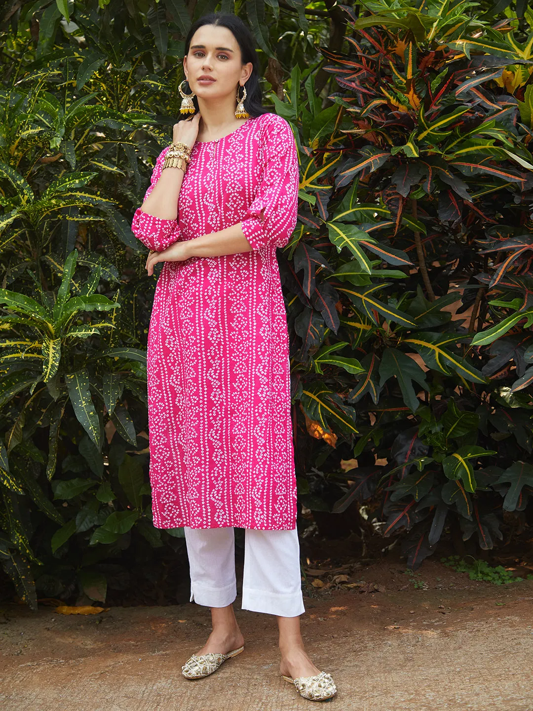 Bandhani Printed Kurta & Embroidered Jacket with Solid Ankle Pant - Pink