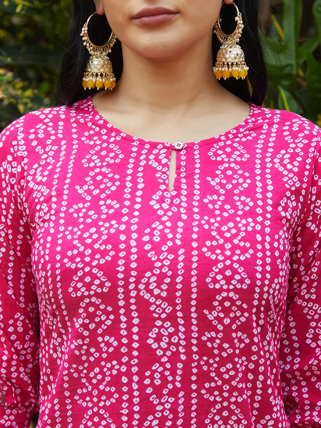 Bandhani Printed Kurta & Embroidered Jacket with Solid Ankle Pant - Pink