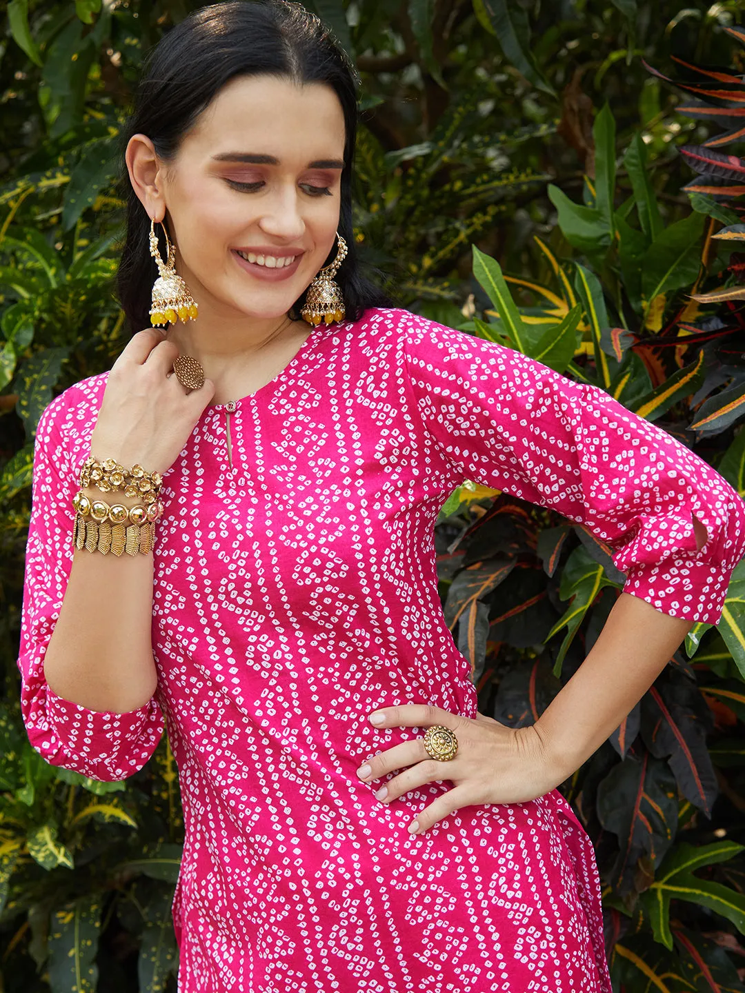 Bandhani Printed Kurta & Embroidered Jacket with Solid Ankle Pant - Pink