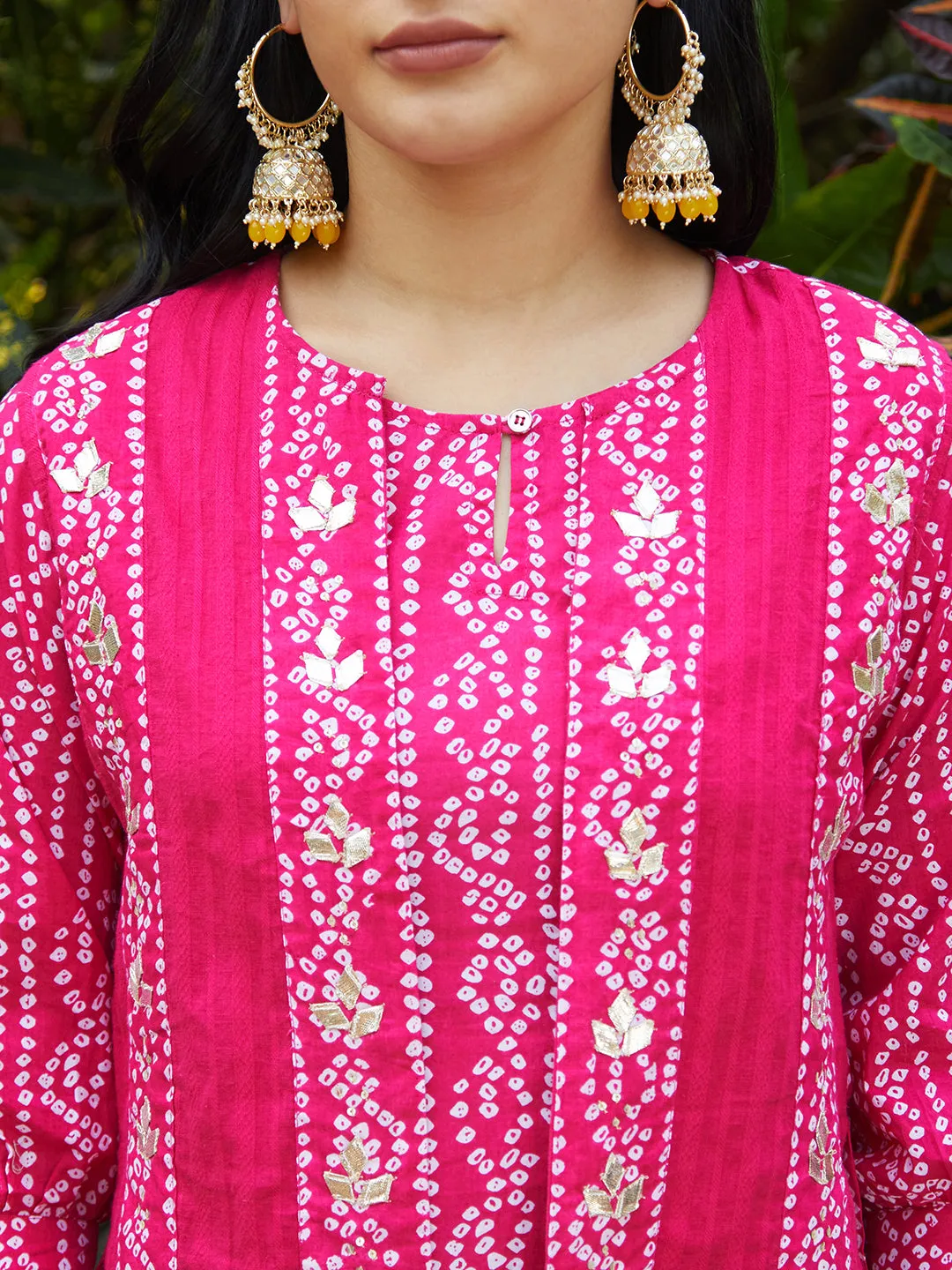 Bandhani Printed Kurta & Embroidered Jacket with Solid Ankle Pant - Pink