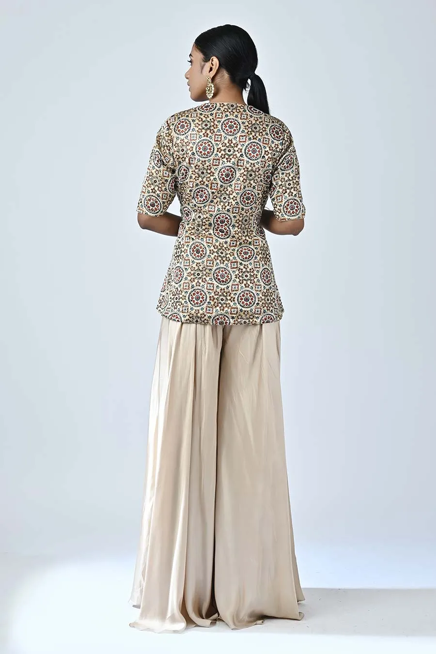 Beige Embellished Ajrakh Peplum Top and Pant Set