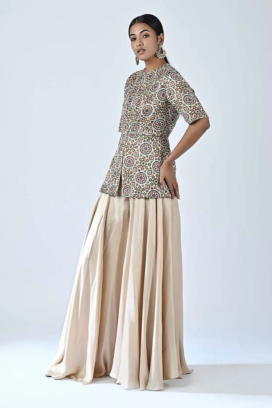 Beige Embellished Ajrakh Peplum Top and Pant Set