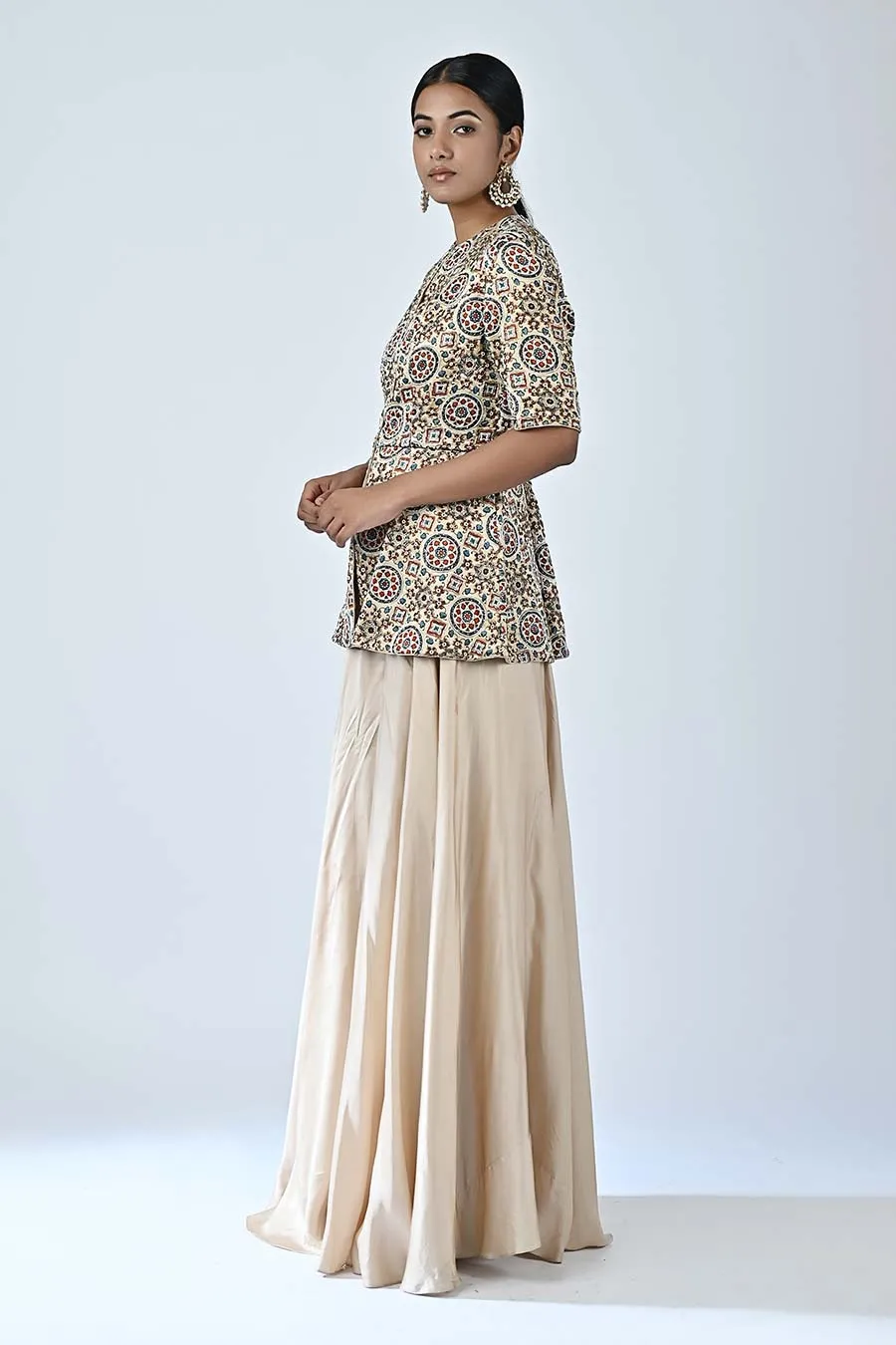 Beige Embellished Ajrakh Peplum Top and Pant Set