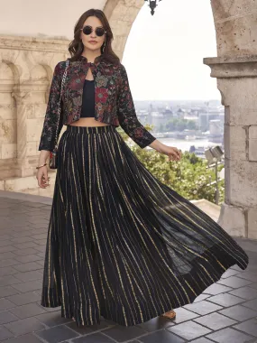 Black Multi Floral Embroidered Jacket Style Lehenga