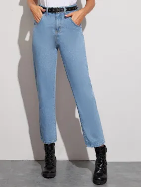 Blue Button Fly Solid Straight Jeans With Belt