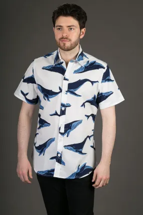 Blue Whale White Print Cotton Slim Fit Mens Shirt Short Sleeve