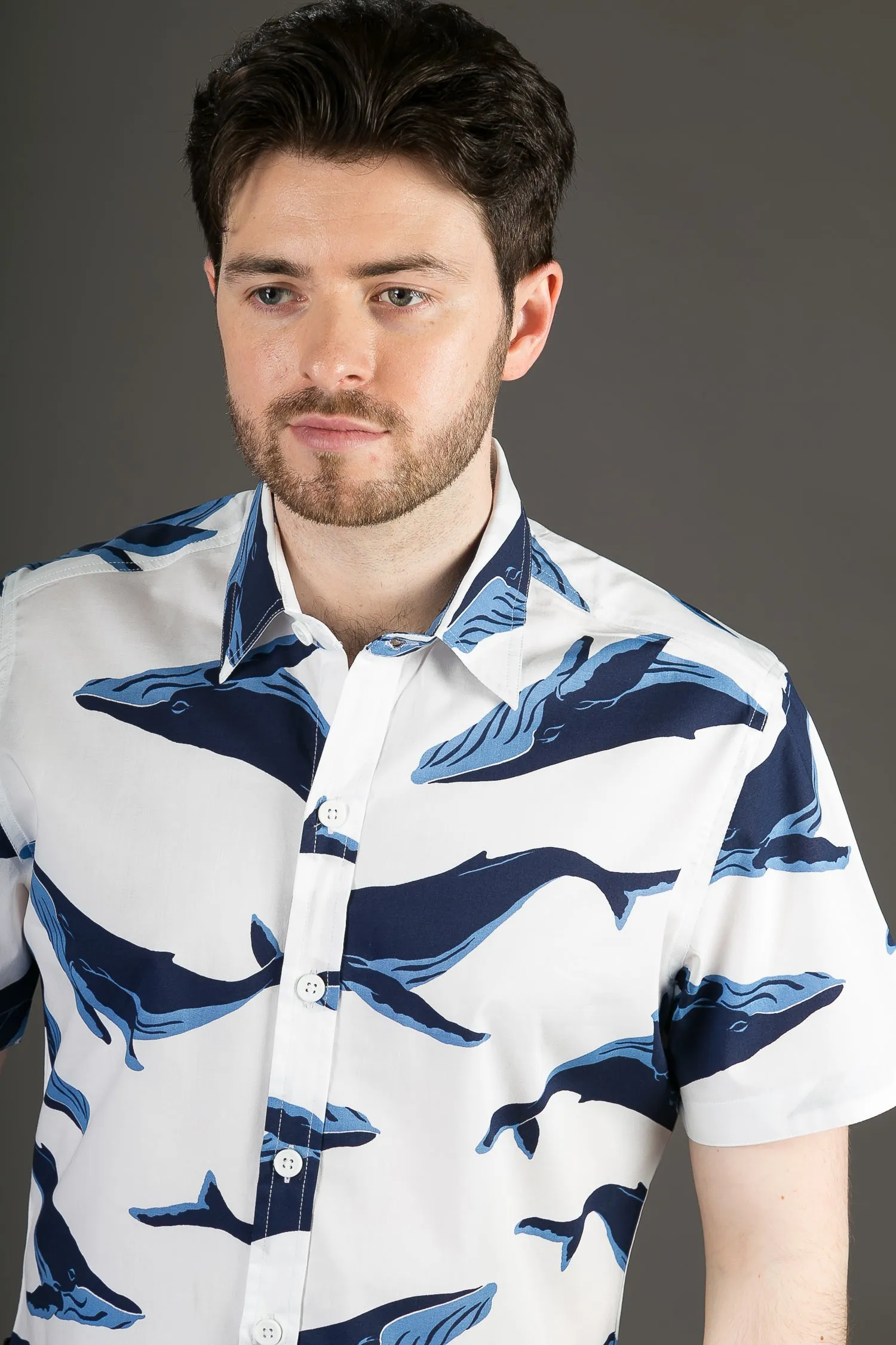 Blue Whale White Print Cotton Slim Fit Mens Shirt Short Sleeve