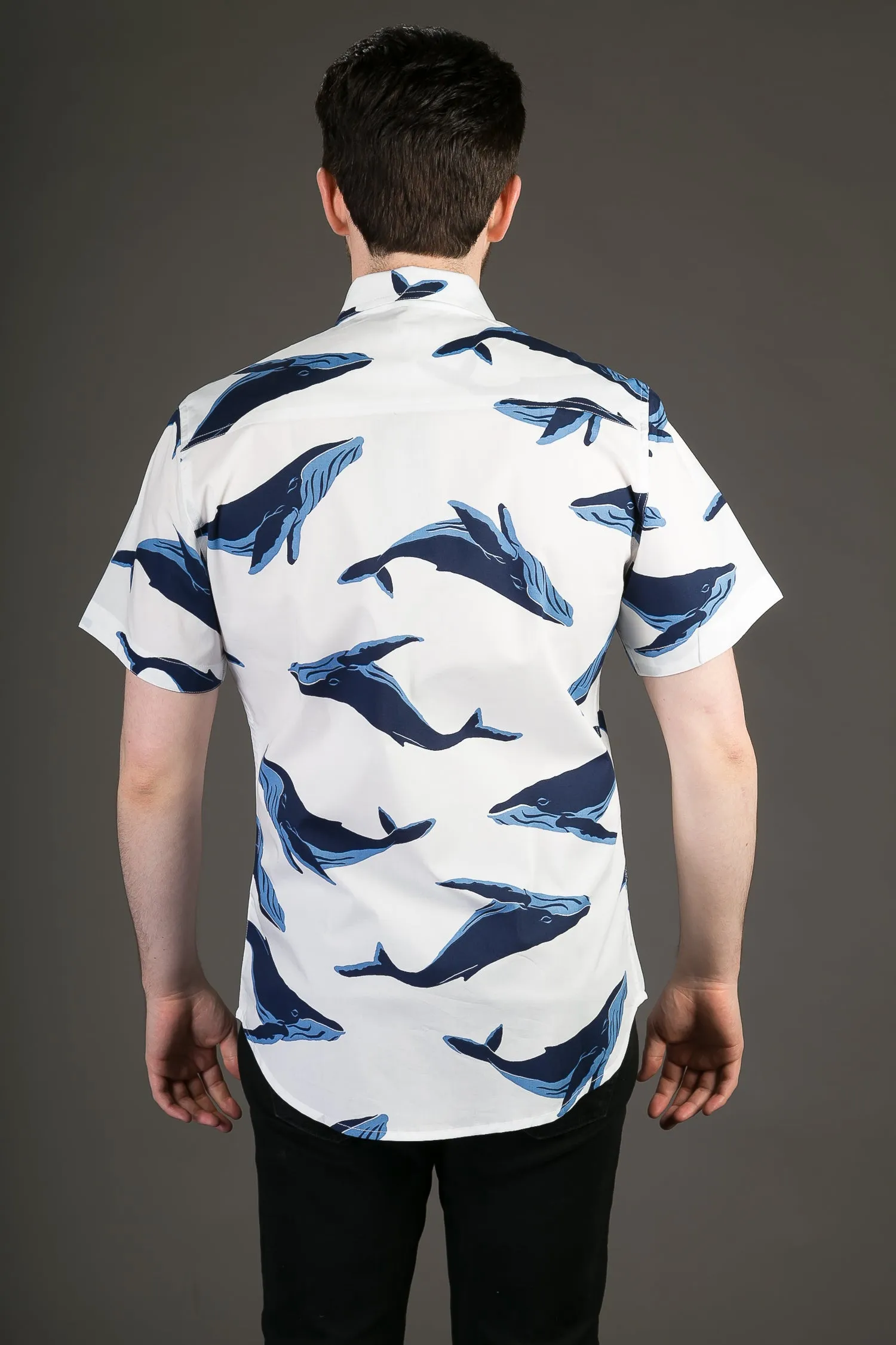 Blue Whale White Print Cotton Slim Fit Mens Shirt Short Sleeve