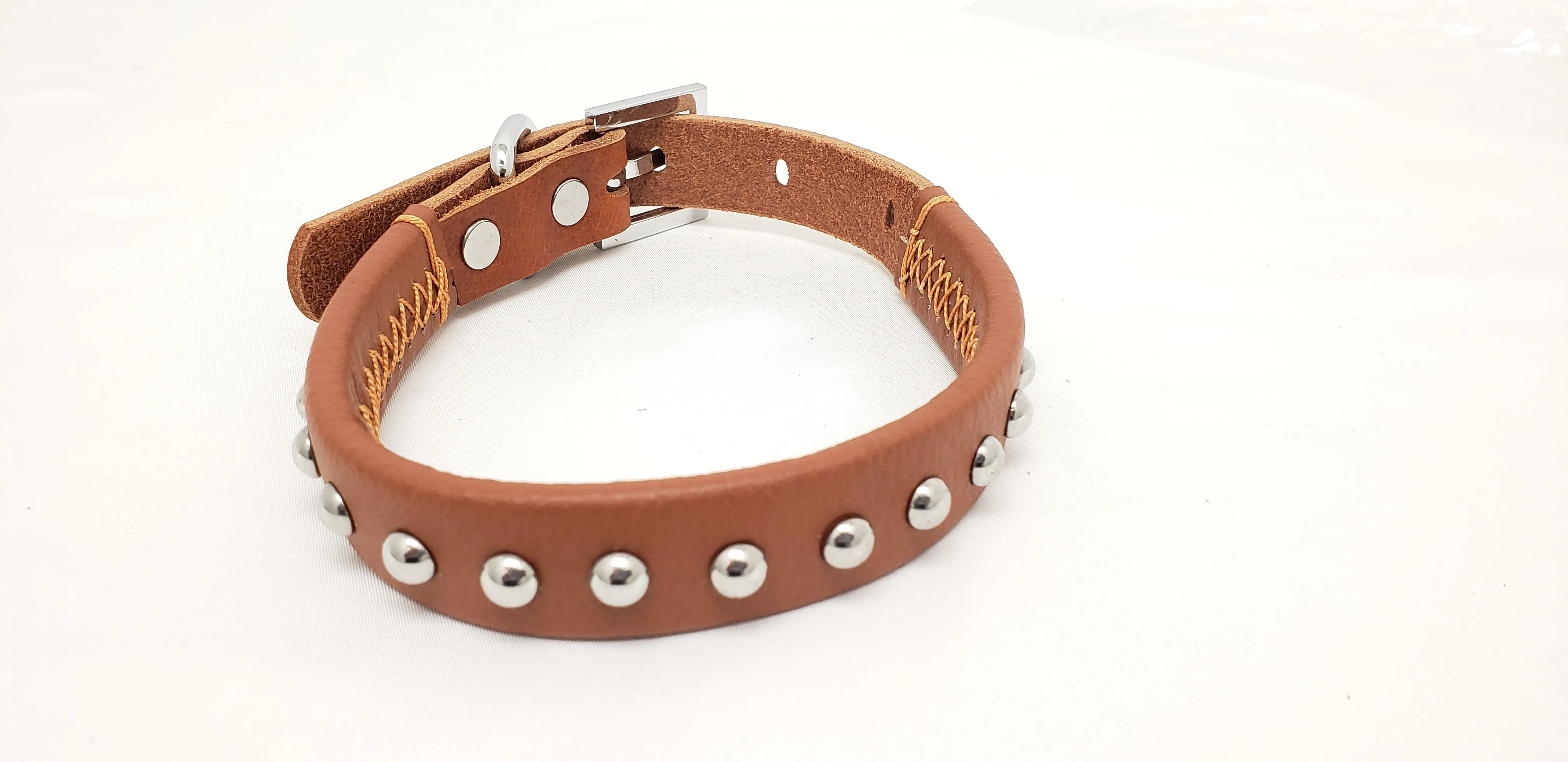 Brown Leather Dog Collar with Single Line of Silver Chrome Buttons - Tan - Small