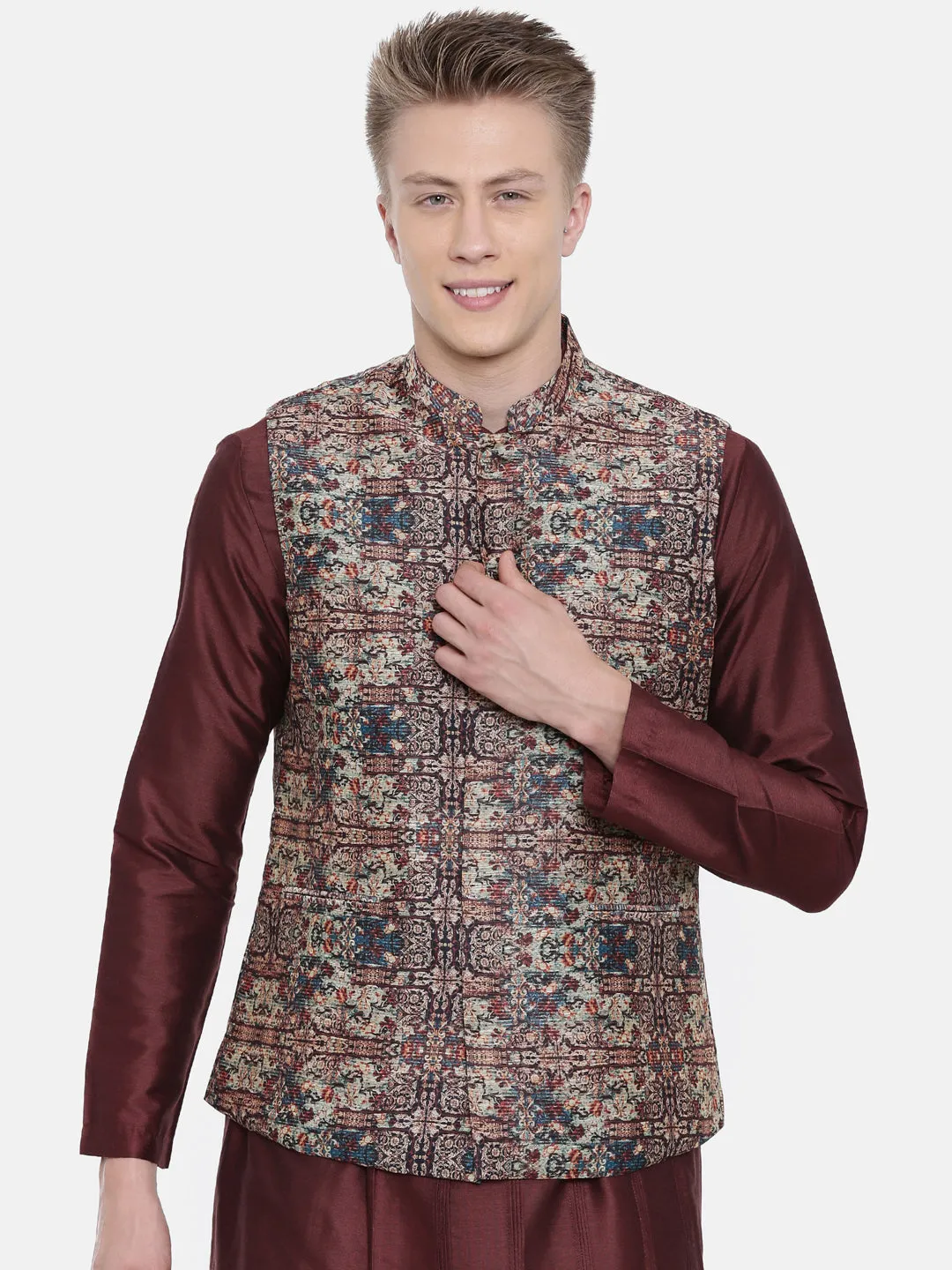 Chanderi Brown Printed Jacket  - MMWC0147