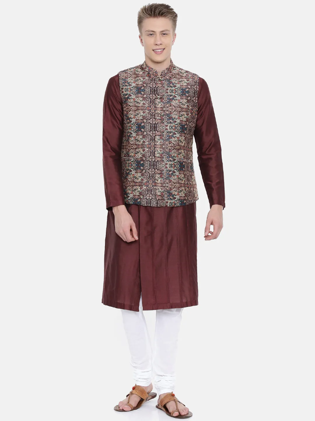 Chanderi Brown Printed Jacket  - MMWC0147