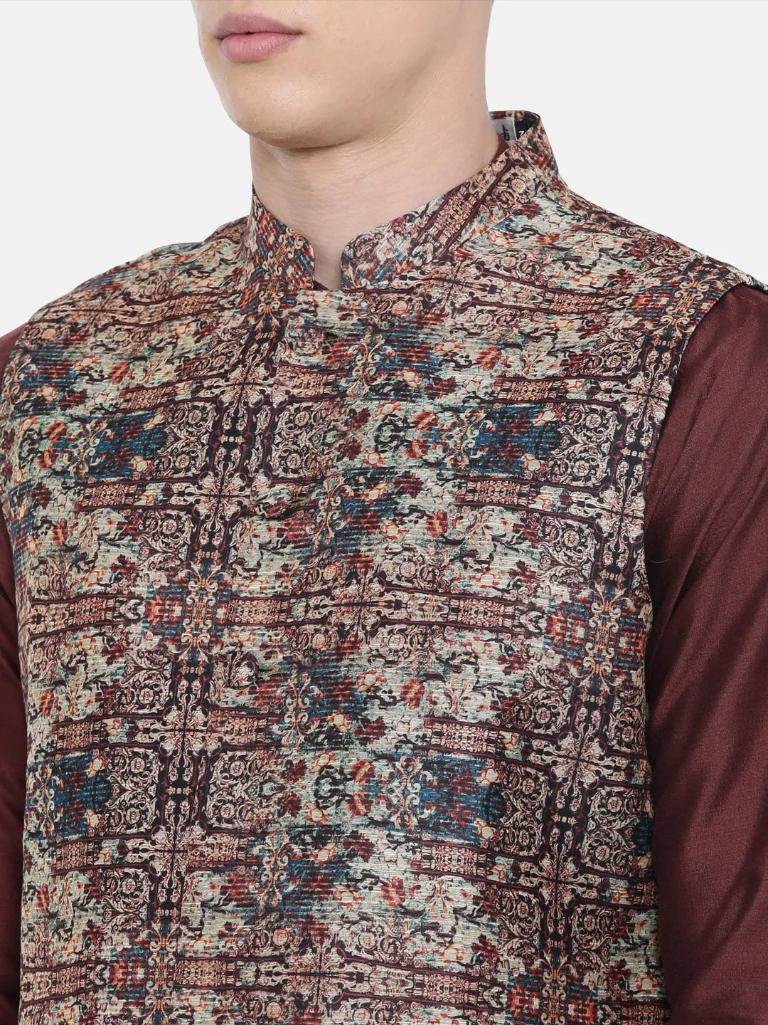 Chanderi Brown Printed Jacket  - MMWC0147