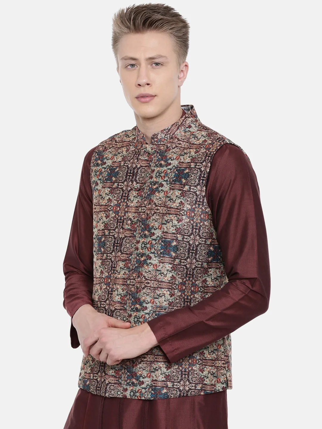 Chanderi Brown Printed Jacket  - MMWC0147