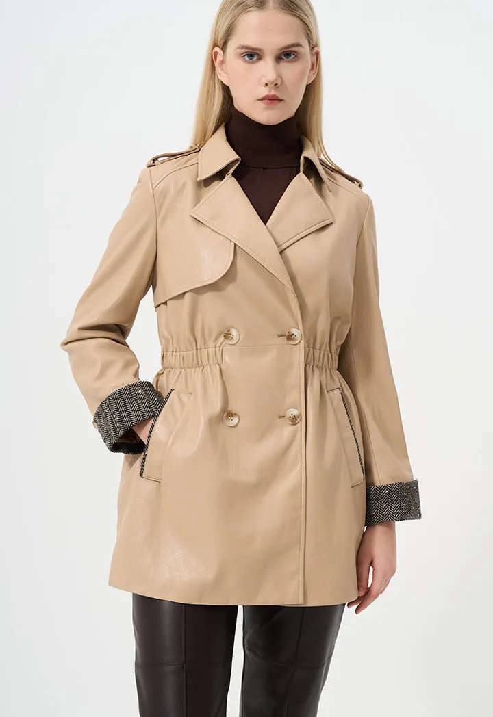 Choice Single Tone Double Breasted Leather Coat Light Camel