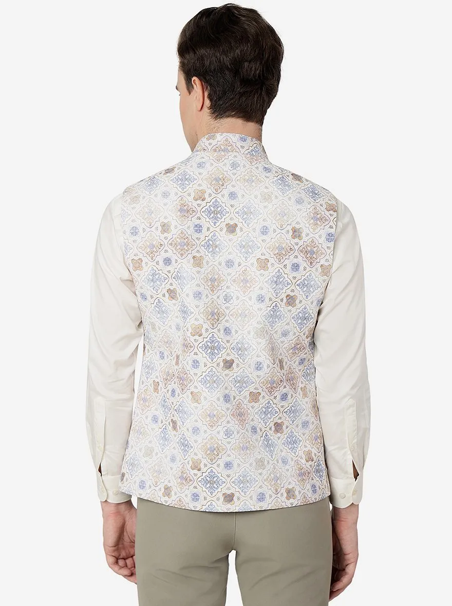 Cream Multi Printed Regular Fit Bandhgala Jacket | Greenfibre