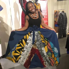 Denim Ankara Patch Maxi Skirt