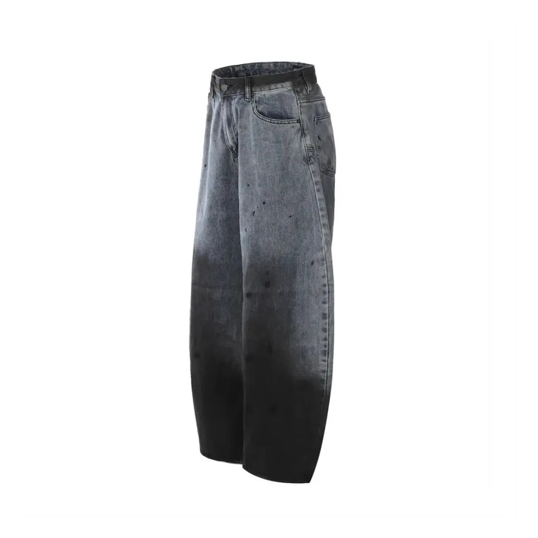 Distressed Dip-Dye Barrel Jean Pants