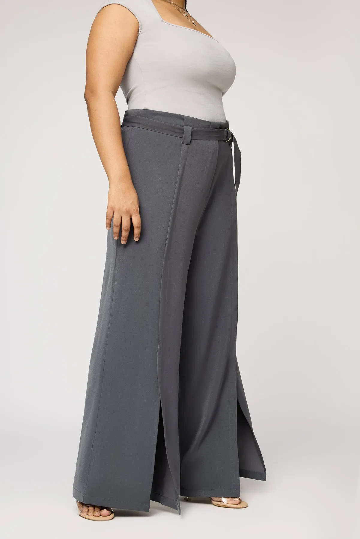 Dove Grey Curve Belted Flared Korean Pants