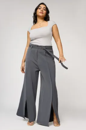 Dove Grey Curve Belted Flared Korean Pants