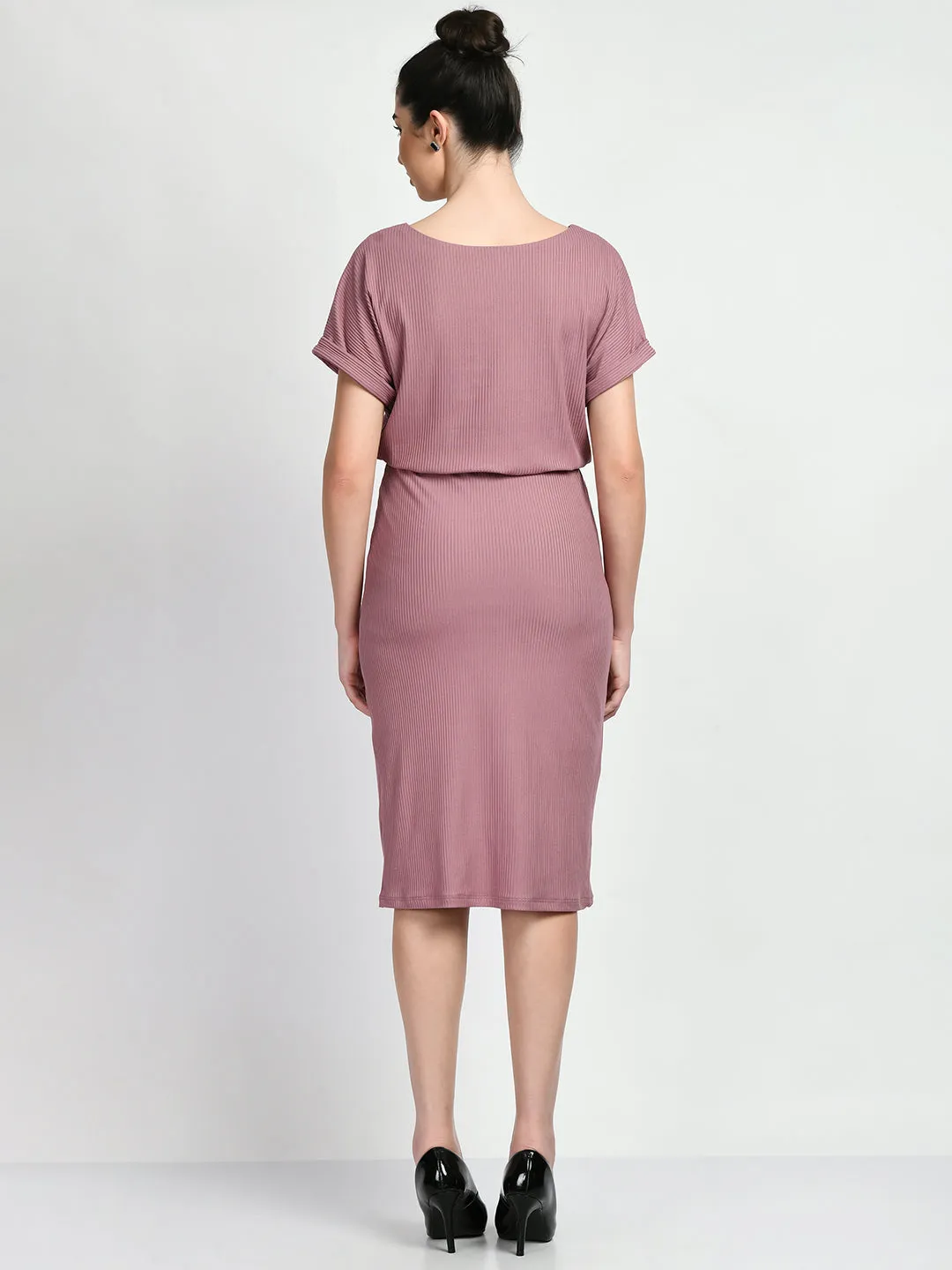 Exude Enigma Ribbed Blouson Dress (Dusty Pink)