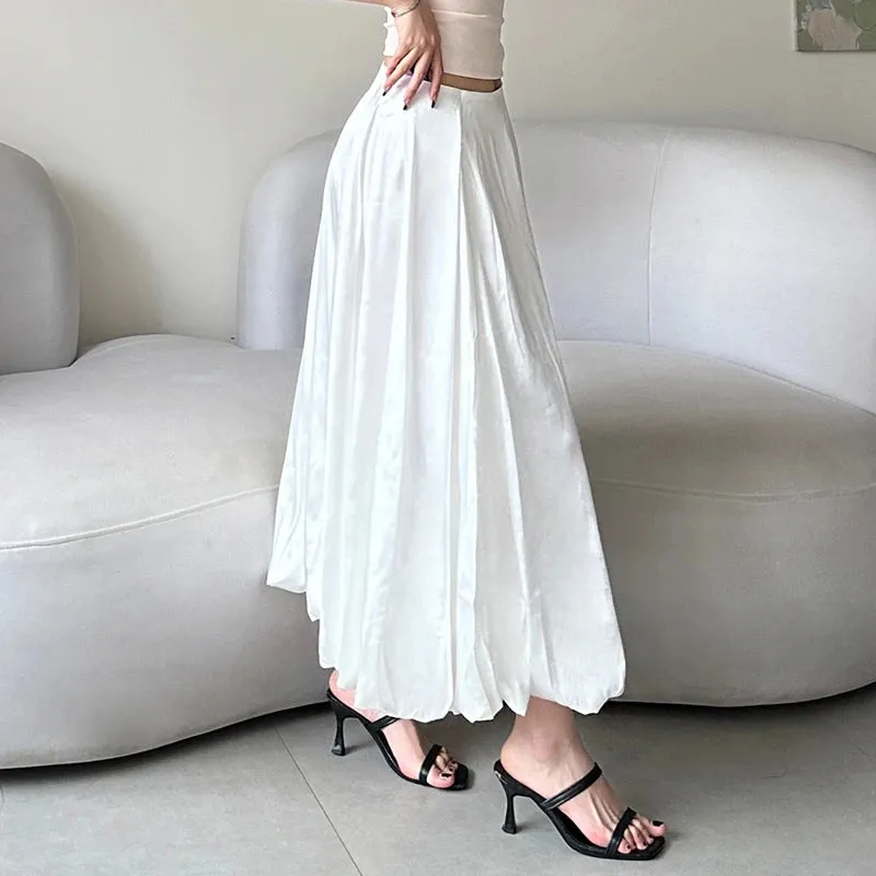 Fashion Folds Bud White Satin Skirt Long Chic Solid Elegant Loose Maxi Skirt Female Boho Vacation Outfits Draped