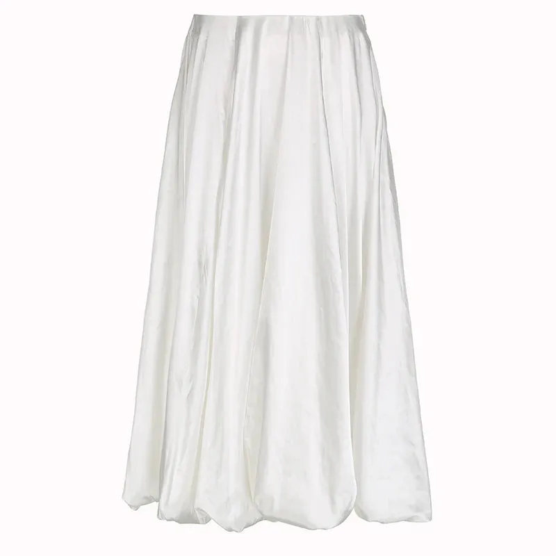 Fashion Folds Bud White Satin Skirt Long Chic Solid Elegant Loose Maxi Skirt Female Boho Vacation Outfits Draped