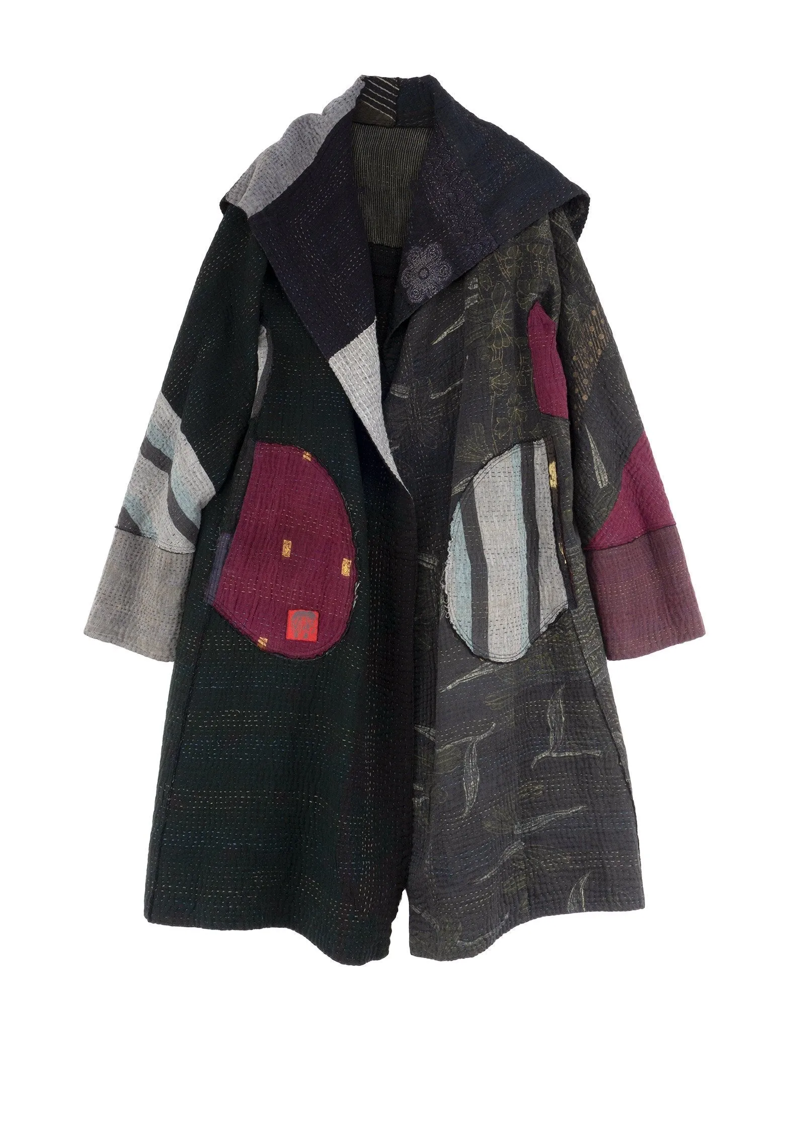 FRAYED PATCH MIX KANTHA A-LINE COAT - fm4309-blk -